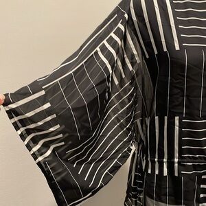 Chaps Top Tunic Size L  BlackWhite Geometric Print Sheer Drawstring Waist